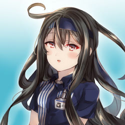 Rule 34 | 1girl, aqua background, bad id, bad pixiv id, black hair, blue shirt, close-up, commentary request, employee uniform, gradient background, hatsushimo (kancolle), hatsushimo kai ni (kancolle), headband, juurouta, kantai collection, lawson, long hair, lowres, orange eyes, shirt, solo, standing, striped clothes, striped shirt, uniform, upper body