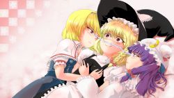 Rule 34 | 3girls, alice margatroid, bad id, bad pixiv id, blonde hair, book, braid, grabbing another&#039;s breast, breasts, dress, eye contact, female focus, girl sandwich, grabbing, hairband, hat, highres, hug, jealous, kirisame marisa, looking at another, lying, multiple girls, novastrike, on back, on side, patchouli knowledge, purple eyes, purple hair, red eyes, sandwiched, short hair, touhou, witch hat, you gonna get raped, yuri