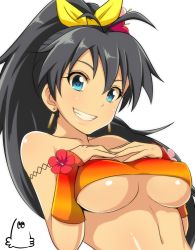 Rule 34 | 1girl, bare shoulders, black hair, blue eyes, breasts, clenched teeth, collarbone, earrings, female focus, flower, ganaha hibiki, hair flower, hair ornament, hair ribbon, hands on own chest, idolmaster, idolmaster (classic), jabara tornado, jewelry, long hair, looking at viewer, navel, neck, ponytail, ribbon, simple background, smile, solo, strapless, teeth, tube top, underboob, upper body, white background, yellow ribbon