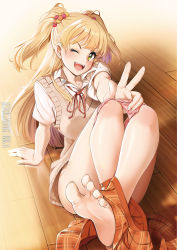 Rule 34 | 1girl, arm support, bare legs, barefoot, blonde hair, brown vest, casino (casinoep), collared shirt, commentary request, convenient leg, crossed legs, fang, feet, green eyes, hair ornament, highres, idolmaster, idolmaster cinderella girls, jougasaki rika, knees up, long hair, looking at viewer, on floor, one eye closed, open mouth, orange skirt, panties, panty pull, pink panties, pleated skirt, pulled by self, red ribbon, ribbon, school uniform, shirt, short sleeves, sitting, skirt, skirt around one leg, soles, solo, two side up, underwear, v, vest, white shirt, wooden floor