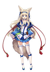 Rule 34 | 1girl, :d, ahoge, animal ears, belt pouch, blonde hair, blue eyes, blue footwear, blue skirt, breasts, choker, cleavage, collarbone, commentary request, detached sleeves, fox ears, fox tail, frilled sleeves, frills, full body, hair ornament, highres, long hair, looking at viewer, medium breasts, open mouth, original, pleated skirt, pouch, shoes, simple background, skirt, skirt hold, smile, solo, standing, tail, thighhighs, white background, white thighhighs, yoshizawa tsubaki, zettai ryouiki