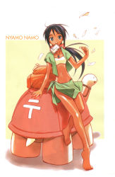 Rule 34 | 1girl, absurdres, akamatsu ken, artbook, bag, barefoot, bikini, bikini top only, black hair, blue eyes, bow, dark-skinned female, dark skin, hair bow, highres, huge filesize, japanese postal mark, jewelry, leaning, letter, long hair, love hina, midriff, mouth hold, navel, necklace, nyamo namo, official art, open clothes, open vest, ponytail, postage stamp, sarong, scan, scan artifacts, strapless, swimsuit, tortoise, tube top, turtle, vest