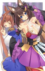 Rule 34 | 2girls, absurdres, animal ears, blue dress, blue eyes, blue hair, breasts, brown hair, butterfly hair ornament, caleen keemosn, choker, cleavage, commission, daiwa scarlet (umamusume), detached sleeves, dress, fang, fox ears, fox girl, fox tail, frilled sleeves, frills, gloves, hair ornament, hair ribbon, hataraku73, headset, highres, horse ears, horse girl, horse tail, huge breasts, idol, large breasts, long hair, looking at viewer, multicolored hair, multiple girls, multiple tails, one eye closed, open mouth, purple dress, red eyes, ribbon, runes, smile, star ocean, star ocean anamnesis, tail, thighhighs, tiara, twintails, two-tone hair, uniform, very long hair, wink