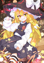 Rule 34 | 1girl, black gloves, black hat, black skirt, black vest, blonde hair, blush, bow, braid, broom, broom riding, commentary, eyes visible through hair, feet out of frame, floating hair, gloves, grin, hair between eyes, hair bow, hand up, hat, hat bow, highres, kirisame marisa, kyuu cat, long hair, long sleeves, looking at viewer, puffy long sleeves, puffy sleeves, shirt, simple background, single braid, skirt, smile, smirk, solo, sparkle, star (symbol), striped clothes, striped thighhighs, symbol-only commentary, thighhighs, touhou, tsurime, v, v-shaped eyebrows, very long hair, vest, white bow, white shirt, witch hat, yellow eyes