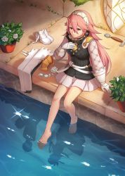 Rule 34 | 1girl, artist name, barefoot, closed mouth, fire emblem, fire emblem fates, gloves, hairband, long hair, nintendo, pink eyes, pink hair, plant, potted plant, shield, shoes, unworn shoes, sitting, skirt, soaking feet, soleil (fire emblem), solo, streyah, sword, water, weapon, white hairband, white skirt