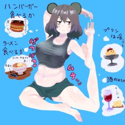 Rule 34 | 1girl, alcohol, alternate costume, animal ears, black eyes, blue background, blush, breasts, burger, cheese, closed mouth, commentary request, cookie (touhou), crop top, cup, drinking glass, food, full body, green shorts, grey hair, grey shirt, large breasts, mouse ears, nazrin, noodles, nyon (cookie), psychic parrot, pudding, ramen, shirt, short hair, shorts, simple background, sleeveless, sleeveless shirt, soles, solo, stretching, thought bubble, touhou, toy car, translation request, weight conscious, wine, wine glass, yoga