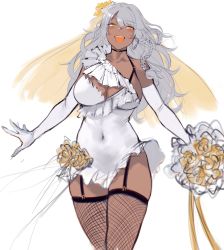 Rule 34 | 1girl, :d, absurdres, bouquet, braid, breasts, choker, cleavage, commission, covered navel, dark-skinned female, dark skin, dress, elbow gloves, fishnet thighhighs, fishnets, flower, garter straps, gloves, hair ornament, highres, large breasts, open mouth, original, outstretched arms, rowkiba, short dress, side braid, silver hair, simple background, sketch, smile, solo, thighhighs, veil, wedding dress, white background, white dress, white gloves, yellow eyes