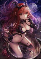 Rule 34 | 1girl, bad id, bad pixiv id, black thighhighs, blush, breasts, cleavage, closed mouth, demon girl, heart, hisahisahisahisa, jpeg artifacts, large breasts, long hair, looking at viewer, lord of vermilion, red eyes, red hair, revealing clothes, smile, solo, thighhighs