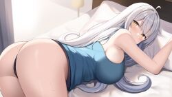 Rule 34 | 1girl, absurdres, ahoge, ass, bed, bikini, black panties, blue camisole, blue hair, blush, breasts, camisole, closed mouth, commission, grey hair, highres, indoors, large breasts, long hair, looking at viewer, multicolored hair, okiq, on bed, original, panties, pillow, sideboob, skeb commission, solo, streaked hair, sweat, swimsuit, thighs, two-tone hair, underwear, yellow eyes