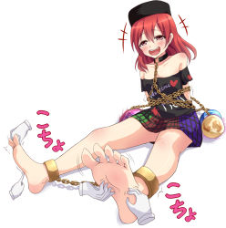 Rule 34 | 1girl, bare legs, bare shoulders, barefoot, bdsm, black headwear, bound, bound ankles, chain, feet, foot focus, hecatia lapislazuli, iberiko (soinesitai), laughing, off-shoulder shirt, off shoulder, open mouth, red eyes, red hair, shirt, short hair, simple background, skirt, soles, t-shirt, teeth, tickling, tickling feet, toes, touhou, upper teeth only, white background
