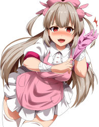 Rule 34 | 1girl, :d, adjusting clothes, adjusting gloves, apron, bandages, blush, brown hair, commentary request, fang, frilled apron, frills, gloves, hair ornament, hat, highres, latex, latex gloves, looking at viewer, magukappu, natori sana, nurse, nurse cap, open mouth, pink apron, pink hat, puffy short sleeves, puffy sleeves, putting on gloves, rabbit hair ornament, red eyes, rubber gloves, sana channel, short sleeves, sidelocks, smile, solo, thighhighs, two side up, virtual youtuber, white thighhighs, zettai ryouiki