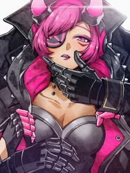 Rule 34 | 1boy, 1girl, animification, apex legends, black bodysuit, black choker, black headwear, black jacket, bodysuit, breasts, choker, cleavage, collarbone, crypto (apex legends), cyber punked wattson, cyberpunk, eyepatch, eyeshadow, hand on another&#039;s face, head tilt, highres, horns, jacket, lipstick, looking at viewer, makeup, mechanical arms, medium breasts, mozuwaka, official alternate costume, one eye covered, open mouth, pink eyes, pink eyeshadow, pink hair, purple lips, science fiction, short hair, solo focus, the hired gun crypto, wattson (apex legends)