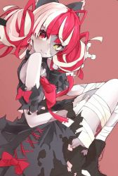 Rule 34 | + +, 1girl, arm cuffs, bandaged arm, bandaged leg, bandages, black dress, black footwear, boots, bow, closed mouth, colored skin, double bun, dress, earrings, fang, hair bow, hair bun, heterochromia, hololive, hololive indonesia, impaled, jewelry, kureiji ollie, looking at viewer, medium hair, multicolored hair, multicolored skin, pink hair, red background, red bow, red eyes, red hair, simple background, smile, solo, stitched face, stitches, sword, techi (siro-white 0803), thighs, torn clothes, torn dress, virtual youtuber, weapon, white hair, yellow eyes, zombie