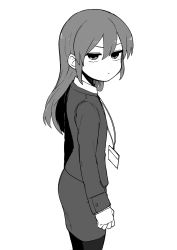 Rule 34 | 1girl, alternate hairstyle, business suit, buttoned cuffs, buttons, clenched hands, closed mouth, coat, commentary, formal, greyscale, highres, igarashi futaba (shiromanta), jacket, lanyard, long sleeves, looking at viewer, medium hair, monochrome, office lady, overcoat, pantyhose, pencil skirt, senpai ga uzai kouhai no hanashi, shiromanta, skirt, skirt suit, sleeve cuffs, suit, unamused