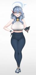 Rule 34 | 1girl, absurdres, ako (blue archive), blue archive, blue eyes, blue hair, cuffs, full body, halo, highres, looking at viewer, pants, sleeveless, solo, tank top, ushimochi, white background