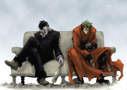 Rule 34 | 2boys, black hair, blonde hair, blood, boots, bottle, coat, colorized, couch, crossed legs, death, drop, fingerless gloves, formal, glasses, gloves, high collar, jewelry, long coat, male focus, manly, multicolored hair, multiple boys, naitou yasuhiro, nicholas d. wolfwood, open collar, red coat, ruins, short hair, sitting, spiked hair, spoilers, suit, sunglasses, trench coat, trigun, trigun maximum, two-tone hair, vash the stampede