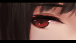 Rule 34 | 1girl, black hair, close-up, eye focus, eyebrows, letterboxed, looking at viewer, original, red eyes, shimmer, solo