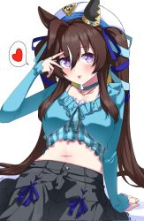 Rule 34 | 1girl, beret, breasts, brown hair, casual, earrings, hair between eyes, hair ornament, hat, heart, highres, horse girl, jewelry, looking at viewer, medium breasts, navel, nerukichikatafukuma, purple eyes, simple background, single earring, solo, spoken heart, stomach, tongue, tongue out, twintails, umamusume, vivlos (umamusume), white background