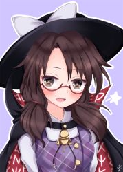 Rule 34 | 1girl, arms behind back, black cape, black hat, blue background, blush, brown eyes, brown hair, cape, commentary, cross, cross necklace, fang, glasses, hat, hat ribbon, highres, ibuibuyou, jewelry, looking at viewer, low twintails, necklace, open mouth, outline, plaid, plaid vest, quimbaya airplane, red-framed eyewear, ribbon, runes, semi-rimless eyewear, shirt, short hair, signature, simple background, skin fang, solo, standing, star (symbol), swept bangs, touhou, twintails, two-tone cape, under-rim eyewear, upper body, usami sumireko, vest, white shirt