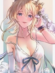 Rule 34 | 1girl, :d, bare shoulders, bikini, blonde hair, blue background, blue eyes, blush, breasts, cleavage, collarbone, commentary request, commission, detached sleeves, europa (granblue fantasy), flower, gradient background, granblue fantasy, hair flower, hair ornament, hand in own hair, hand up, highres, looking at viewer, medium breasts, open mouth, pixiv commission, rose, sassakntm, see-through, short hair, single detached sleeve, smile, solo, strap slip, swimsuit, upper body, white bikini, wristband, yellow background, yellow flower, yellow rose
