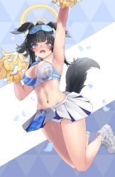 Rule 34 | 1girl, absurdres, arm up, armpits, bare legs, black hair, blue archive, blue eyes, blush, breasts, cheerleader, cleavage, confetti, crop top, crying, crying with eyes open, embarrassed, geomiddang, goggles, goggles on head, halo, head wings, hibiki (blue archive), hibiki (cheer squad) (blue archive), highres, holding, jumping, large breasts, long hair, looking at viewer, midair, millennium cheerleader outfit (blue archive), miniskirt, navel, open mouth, panties, pantyshot, shoes, skirt, sneakers, solo, stomach, tail, tears, underwear, upskirt, white footwear, white panties, white skirt, wings