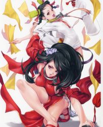 Rule 34 | 10s, 2girls, absurdres, artist request, black hair, breasts, dress, highres, large breasts, long hair, multiple girls, official art, open mouth, queen&#039;s blade, queen&#039;s blade rebellion, red dress, red eyes, sainyang (queen&#039;s blade), siblings, sisters, standing, tarnyang (queen&#039;s blade), twins, white dress