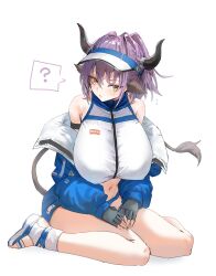 Rule 34 | 1girl, ?, animal ears, arknights, bare shoulders, black gloves, black horns, blue jacket, breasts, brown eyes, commentary request, cow ears, cow girl, cow tail, crop top, fingerless gloves, full body, gloves, highres, horn/wood, horns, huge breasts, jacket, long sleeves, looking at viewer, navel, off shoulder, puffy long sleeves, puffy sleeves, purple hair, sandals, short hair, sideroca (arknights), sideroca (light breeze) (arknights), simple background, sitting, solo, spoken question mark, stomach, tail, wariza, white background, white footwear