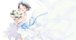 Rule 34 | 1girl, :d, absurdres, bare arms, bare shoulders, blue bow, blue flower, blue ribbon, blue rose, blush, bouquet, bow, brown hair, closed eyes, djheycha, dress, earrings, flower, garter straps, gloves, head wreath, highres, holding, holding bouquet, idolmaster, idolmaster cinderella girls, jewelry, open mouth, ribbon, rose, sasaki chie, short hair, smile, solo, thighhighs, veil, wedding dress, white dress, white flower, white gloves, white rose, white thighhighs