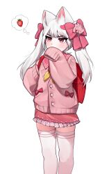 Rule 34 | 1girl, absurdres, animal ear fluff, animal ears, backpack, bag, blush, bow, cardigan, cat ears, commentary request, covering own mouth, food, fruit, hair bow, hair ornament, heart, heart hair ornament, highres, korean commentary, long hair, neckerchief, original, pink bow, pink cardigan, pink eyes, pink sailor collar, pink skirt, randoseru, red bag, sailor collar, school uniform, skirt, sleeves past fingers, sleeves past wrists, soda (sod4), solo, strawberry, thighhighs, thought bubble, twintails, white hair, white thighhighs, yellow neckerchief