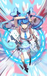 Rule 34 | 1girl, arm up, armband, armpits, black bow, black skirt, blue angel, blue eyes, blue hair, blue necktie, bow, card, e volution, earrings, facial tattoo, foreshortening, from above, full body, hair bow, heart, heart earrings, highres, jewelry, long hair, looking at viewer, looking up, miniskirt, necktie, parted lips, shirt, skirt, sleeveless, sleeveless shirt, smile, solo, tattoo, twintails, white shirt, wings, yu-gi-oh!, yu-gi-oh! vrains, yuu-gi-ou, yuu-gi-ou vrains, zaizen aoi