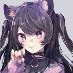 Rule 34 | 1girl, :3, animal ears, black choker, black nails, brown hair, cat ears, cat girl, choker, claw pose, grey background, indie virtual youtuber, nail polish, pink eyes, pink sweater, portrait, re re merry, shimotsuki miri, smile, solo, sweater, two side up, virtual youtuber
