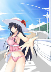 Rule 34 | 1girl, :d, bag, beach, bikini, bird, black eyes, black hair, cloud, day, dean (momodean), flower, foreshortening, hat, hat flower, hibiscus, highres, lamppost, light rays, long hair, navel, ocean, open mouth, original, outdoors, outstretched arm, outstretched hand, pink bikini, road, seagull, shiny skin, sky, smile, solo, strap gap, sunbeam, sunlight, swimsuit, water