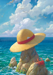 Rule 34 | animal, artist name, bird, blue sky, brown hat, cloud, cloudy sky, crab, day, grafit studio, hat, highres, horizon, no humans, ocean, one piece, outdoors, paper, seagull, sky, straw hat, sun hat