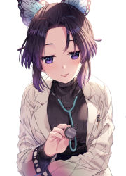 Rule 34 | 1girl, black hair, black sweater, breasts, butterfly hair ornament, forehead, gradient hair, hair ornament, kimetsu no yaiba, kochou shinobu, lab coat, long sleeves, looking at viewer, medium breasts, multicolored hair, open clothes, parted bangs, parted lips, purple eyes, purple hair, ribbed sweater, rosuuri, simple background, smile, solo, stethoscope, sweater, twitter username, upper body, white background