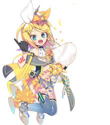 Rule 34 | 1girl, aqua eyes, arm tattoo, badge, black gloves, blonde hair, bouquet, bow, cape, center frills, character name, crop top, crown, falling petals, floral bow, flower, frills, full body, gloves, grey cape, grey footwear, grey shorts, hair bow, hair ornament, hairclip, half gloves, headphones, highres, hip gear, holding, holding bouquet, kagamine rin, looking at viewer, midriff, navel, negi (ulog&#039;be), official art, over-kneehighs, pendant choker, petals, ribbon, shirt, short hair, short shorts, shorts, smile, solo, speaker, swept bangs, tattoo, thighhighs, transparent background, treble clef, two-tone bow, vocaloid, white bow, white shirt, yellow bow, yellow cape, yellow flower