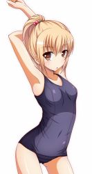 Rule 34 | 1girl, armpits, arms up, blonde hair, blush, breasts, covered navel, cowboy shot, highres, ki (kk-sk-ray), one-piece swimsuit, original, ponytail, school swimsuit, short hair, simple background, small breasts, solo, stretching, swimsuit, white background