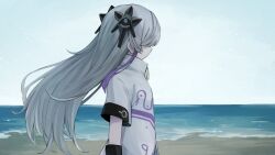 Rule 34 | 1girl, arms at sides, beach, black gloves, cevio, coat, commentary request, day, elbow gloves, facing to the side, floating hair, from side, gloves, grey hair, hair ornament, hair over eyes, histoire-ange, horizon, kamitsubaki studio, long hair, multicolored hair, o-ring, ocean, outdoors, profile, purple hair, sand, sekai (cevio), short sleeves, solo, standing, streaked hair, upper body, waves, white coat, zipper pull tab