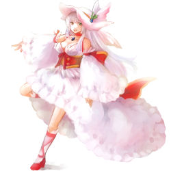 Rule 34 | 1girl, breasts, choker, cleavage, commentary request, corset, detached sleeves, dress, frilled dress, frilled sleeves, frills, full body, gem, green eyes, hat, high heels, highres, kneehighs, leg up, long hair, looking at viewer, manoji, medium breasts, official alternate costume, open mouth, pink hat, ragnarok online, red footwear, simple background, sleeveless, sleeveless dress, smile, socks, solo, sun hat, wanderer (ragnarok online), white background, white dress, white hair, white sleeves, white socks, wide sleeves