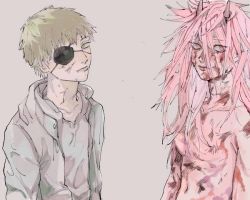Rule 34 | 1boy, 1girl, adam&#039;s apple, blonde hair, blood, blood on face, chainsaw man, denji (chainsaw man), dirty, dirty face, eyepatch, horns, jacket, kanikuri767, long hair, long sleeves, looking at viewer, messy hair, one eye covered, pink hair, power (chainsaw man), red eyes, shirt, short hair, sleeves past elbows, unusual pupils, white background, white jacket, white shirt, yellow eyes