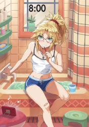Rule 34 | 1girl, bar soap, bath stool, bathtub, bespectacled, blonde hair, braid, breasts, brushing teeth, dolphin shorts, fate/apocrypha, fate (series), french braid, glasses, green eyes, hair ornament, hair scrunchie, highres, jewelry, long hair, looking at viewer, midriff, mordred (fate), mordred (fate/apocrypha), mordred (memories at trifas) (fate), navel, necklace, parted bangs, pendant, ponytail, revision, scrunchie, shampoo bottle, shorts, sidelocks, sitting, small breasts, solo, stool, timestamp, tonee, toothbrush, toothbrush in mouth