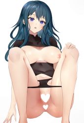 Rule 34 | 1girl, absurdres, black panties, blue eyes, blue hair, breasts, breasts out, byleth (female) (fire emblem), byleth (fire emblem), censored, fire emblem, fire emblem: three houses, heart, heart censor, highres, knees up, long hair, nintendo, nipples, open mouth, panties, simple background, sitting, solo, underwear, white background, yoru (yowuyoru)