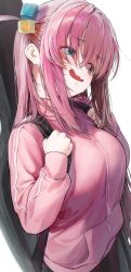 Rule 34 | 1girl, absurdres, blue eyes, blush, bocchi the rock!, breasts, cube hair ornament, eyes visible through hair, gotoh hitori, hair between eyes, hair ornament, highres, jacket, large breasts, long hair, long sleeves, marse (rokudaime), open mouth, pink hair, pink jacket, smile, solo, wavy mouth