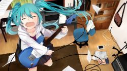 Rule 34 | 1girl, amplifier, aqua hair, bad id, bad pixiv id, chair, electric guitar, closed eyes, guitar, hatsune miku, instrument, long hair, open mouth, skirt, solo, sugita, twintails, vocaloid