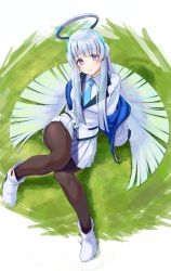 Rule 34 | 1girl, absurdres, arm support, black pantyhose, blue archive, blunt bangs, coat, collared shirt, commentary request, from above, full body, grey hair, halo, headgear, highres, id card, kaiso (kaisooekaki), knees up, long hair, long sleeves, looking at viewer, looking up, necktie, noa (blue archive), pantyhose, pleated skirt, purple eyes, school uniform, shirt, sidelocks, simple background, sitting, skirt, smile, solo, white coat