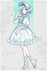 Rule 34 | 1girl, blue eyes, blue flower, blue hair, blue rose, bow, chin strap, commentary, dress, flower, full body, gloves, hair flower, hair ornament, hat, hat bow, hat flower, high heels, highres, hinomori shizuku, long sleeves, looking at viewer, project sekai, ribbon, rose, see-through gloves, shoes, snowflake print, solo, waka (wk4444), white bow, white dress, white flower, white footwear, white gloves, white hat, white ribbon
