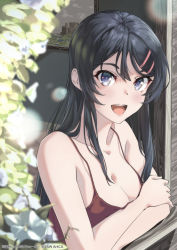 Rule 34 | 1girl, :d, arm rest, bare shoulders, black hair, blurry, breasts, camisole, collarbone, crossed arms, depth of field, flower, grey eyes, hair ornament, hairclip, highres, large breasts, long hair, looking at viewer, open mouth, raiz art works, red camisole, resolution mismatch, sakurajima mai, seishun buta yarou, smile, solo, source smaller, straight hair, strap gap, teeth, upper body, upper teeth only, windowsill