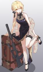 Rule 34 | 1girl, assault rifle, bare legs, black dress, black footwear, black gloves, blonde hair, bullpup, china dress, chinese clothes, dress, fur trim, girls&#039; frontline, gloves, unworn gloves, grey background, gun, hair ornament, hair ribbon, high heels, highres, holding, holding clothes, holding gloves, holding leg, legs, long hair, looking at viewer, mouth hold, official alternate costume, ots-14 (girls&#039; frontline), ots-14 (sangria succulent) (girls&#039; frontline), ots-14 groza, ribbon, rifle, royhwang12, scope, single glove, solo, standing, standing on one leg, suitcase, suppressor, weapon, yellow eyes