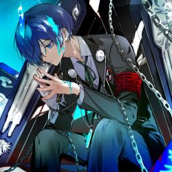 Rule 34 | 1boy, black jacket, black pants, black ribbon, blue eyes, blue hair, chain, closed mouth, collared shirt, digital media player, feet out of frame, gekkoukan high school uniform, hair over one eye, headphones, headphones around neck, highres, jacket, long sleeves, looking down, male focus, neck ribbon, open clothes, open jacket, own hands together, pants, persona, persona 3, ribbon, s.e.e.s, school uniform, shirt, short hair, sitting, suou (sdurorhr), white shirt, yuuki makoto (persona 3)