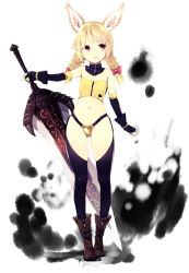Rule 34 | 1girl, animal ears, bad id, bad pixiv id, black thighhighs, blonde hair, boots, bow, braid, elbow gloves, elin, fingerless gloves, gloves, hair bow, navel, rabbit ears, red eyes, solo, subachi, sword, tera online, thighhighs, twin braids, weapon