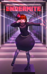 Rule 34 | 1girl, black footwear, black pantyhose, black skirt, blunt bangs, blush, borrowed character, bowl cut, brown hair, commentary, destinyplayer1, endermite, english commentary, fang, full body, high heels, highres, long sleeves, looking at viewer, minecraft, nail polish, one eye closed, open mouth, pantyhose, personification, purple nails, red eyes, short hair, skin fang, skirt, smile, solo, v over eye